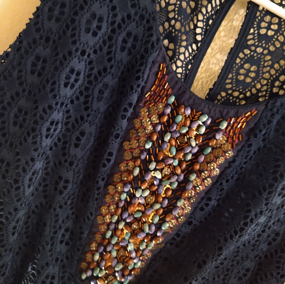 Navy Blue lace beaded short sleeveless dress